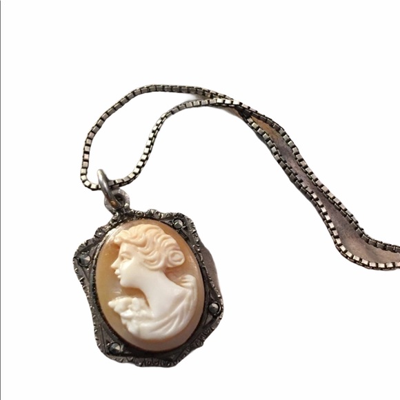 Antique 800 sterling silver shell cameo marcasite necklace Marcasite - Picture 12 of 12